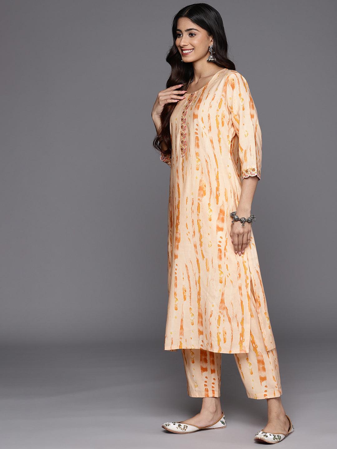 Orange Printed Silk Blend Straight Suit Set With Trousers - Libas 