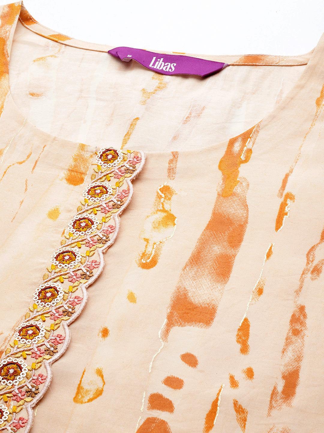 Orange Printed Silk Blend Straight Suit Set With Trousers - Libas 