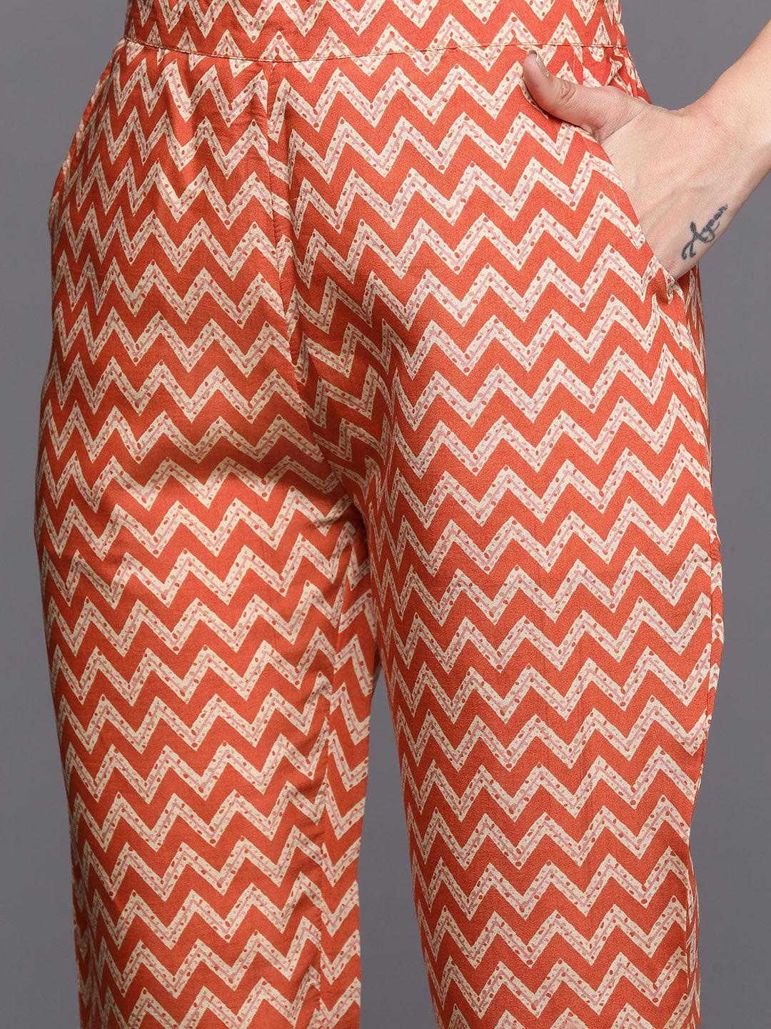 Orange Printed Silk Blend Straight Kurta With Trousers
