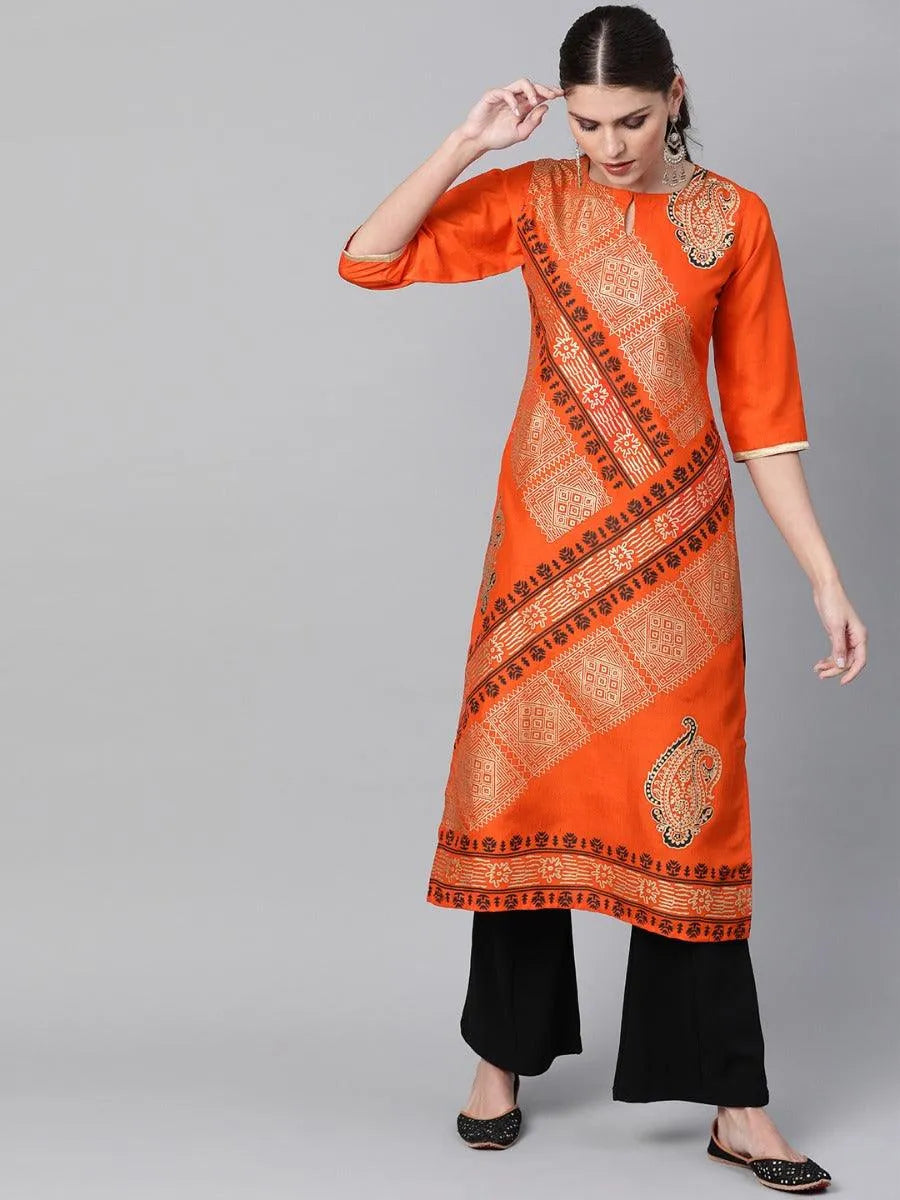 Orange Self Design Chanderi Kurta - Libas