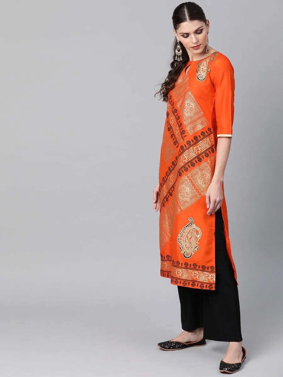 Orange Self Design Chanderi Kurta - Libas