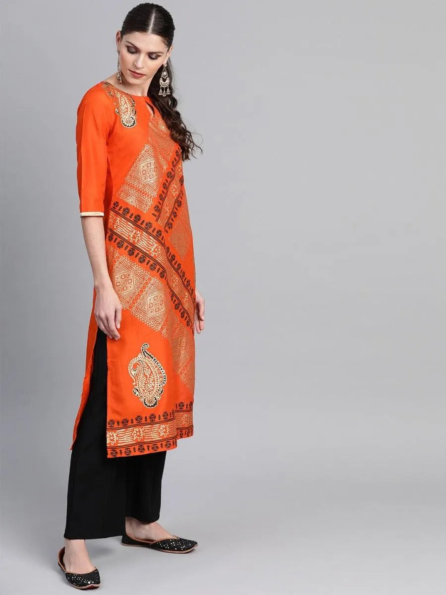 Orange Self Design Chanderi Kurta - Libas