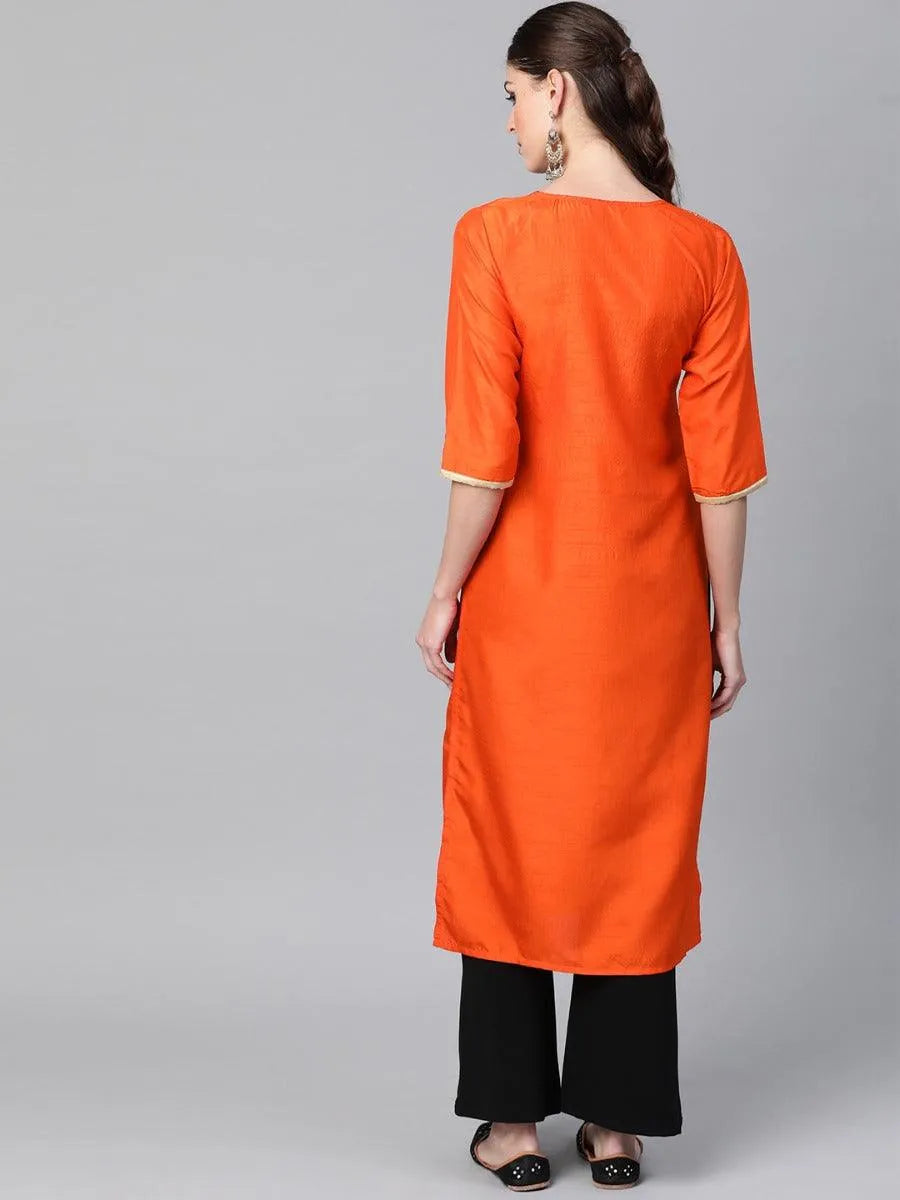 Orange Self Design Chanderi Kurta - Libas