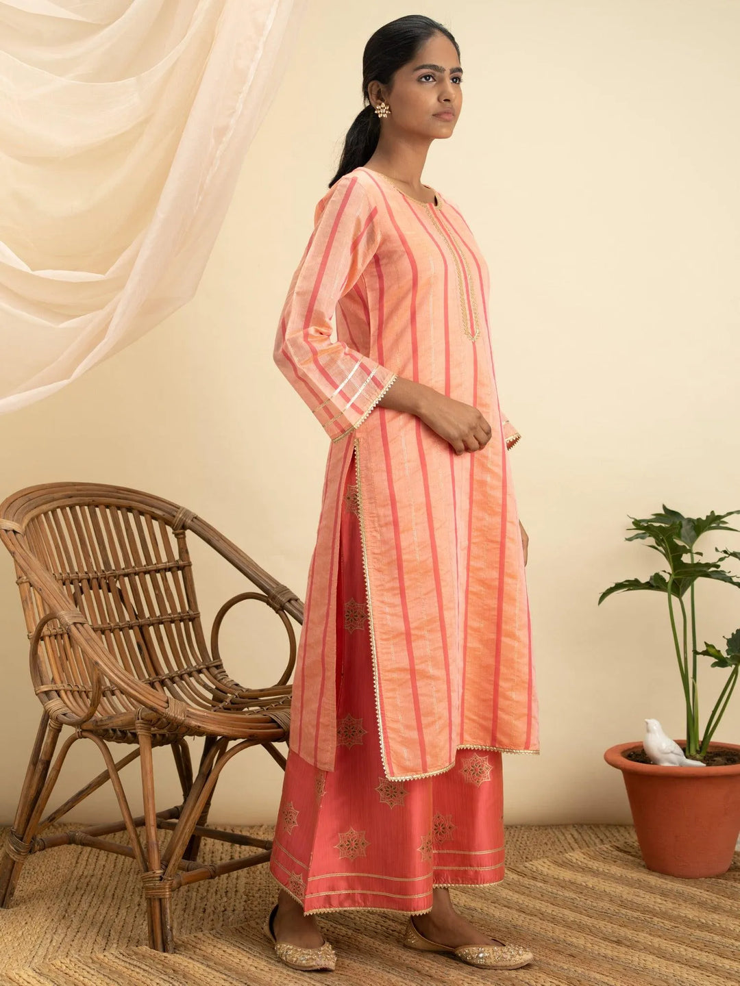 Orange Self Design Chanderi Silk Kurta Set - Libas 