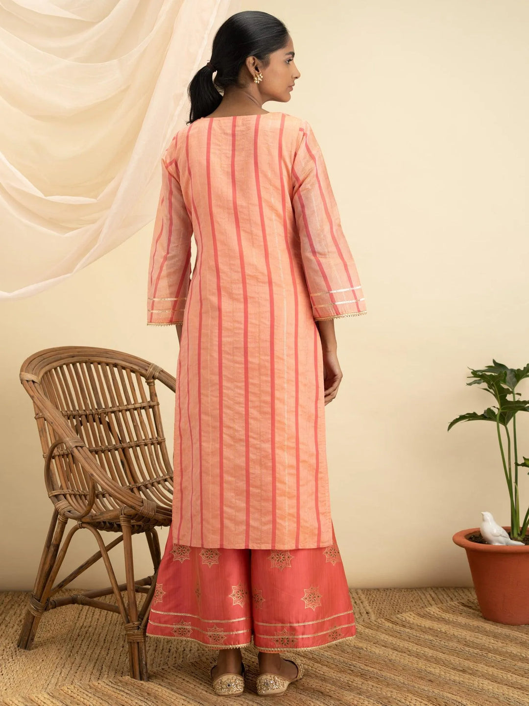 Orange Self Design Chanderi Silk Kurta Set - Libas 