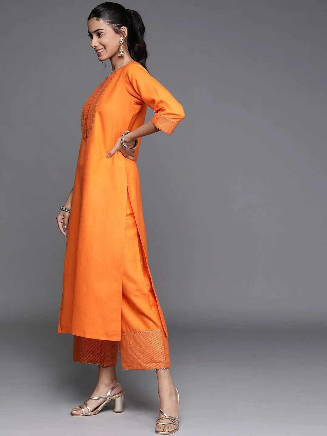 Orange Solid Cotton Suit Set - Libas