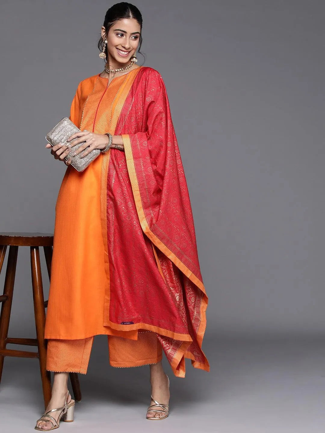 Orange Solid Cotton Suit Set - Libas