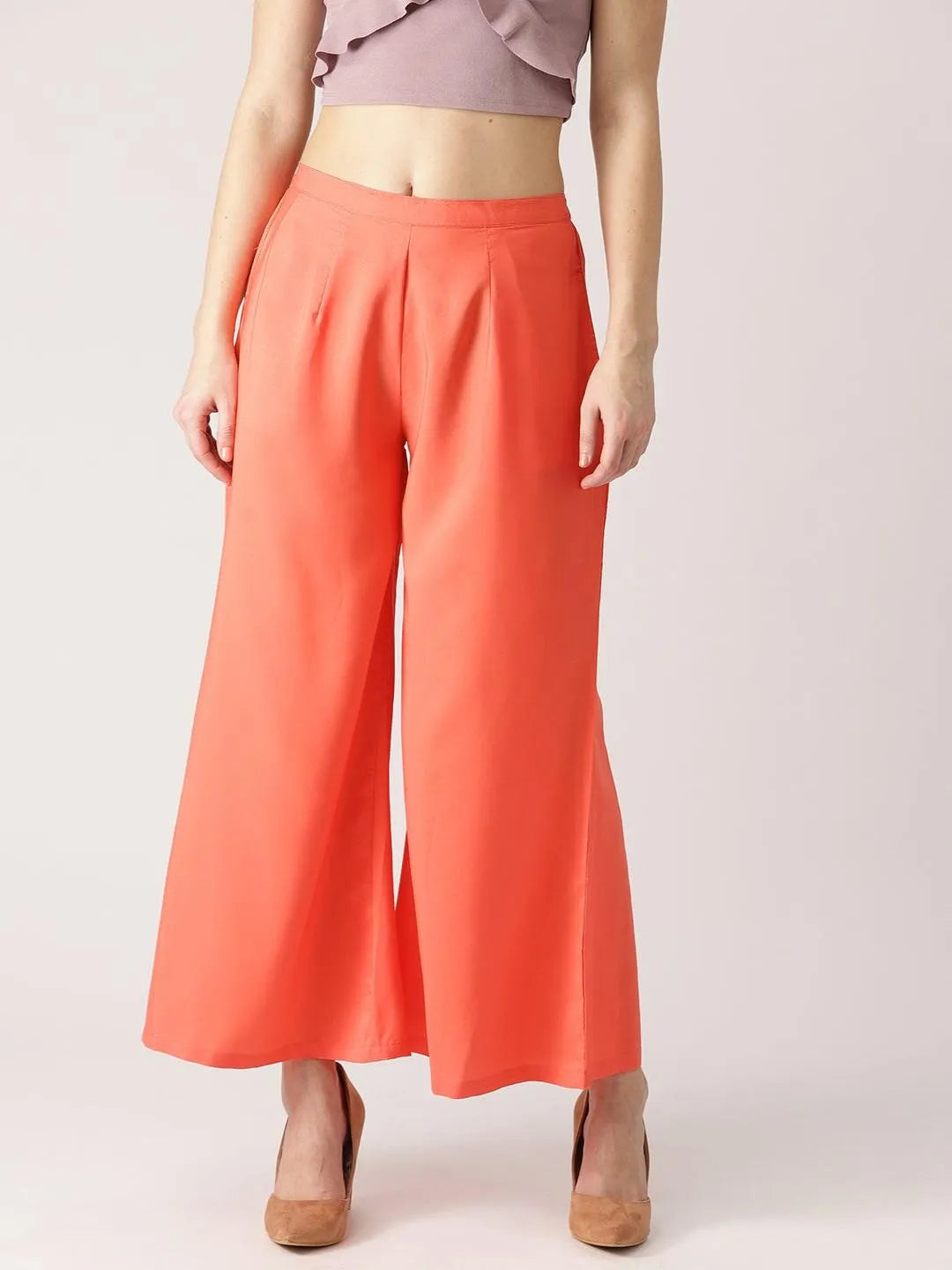 Orange Solid Crepe Palazzos - Libas 