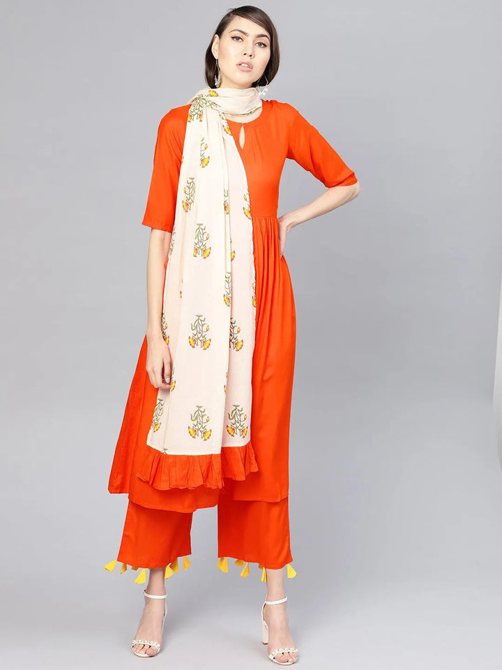 Orange Solid Rayon Kurta Set - Libas