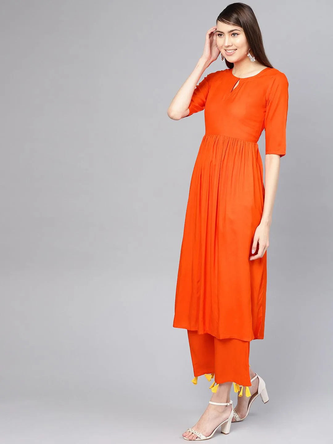 Orange Solid Rayon Kurta Set - Libas