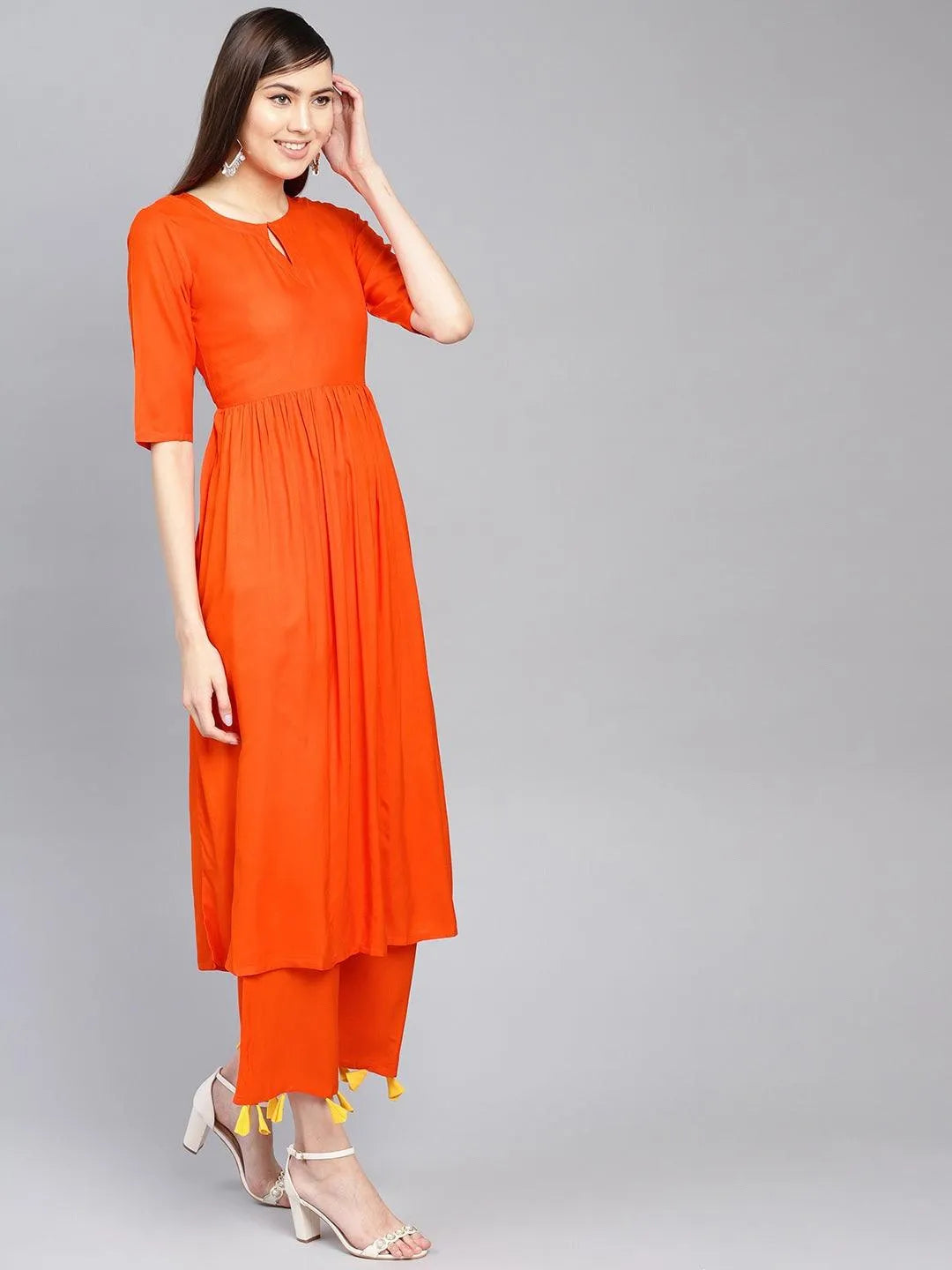 Orange Solid Rayon Kurta Set - Libas