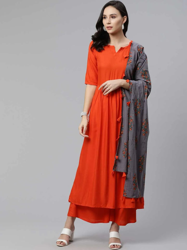 Orange Solid Rayon Suit Set - Libas