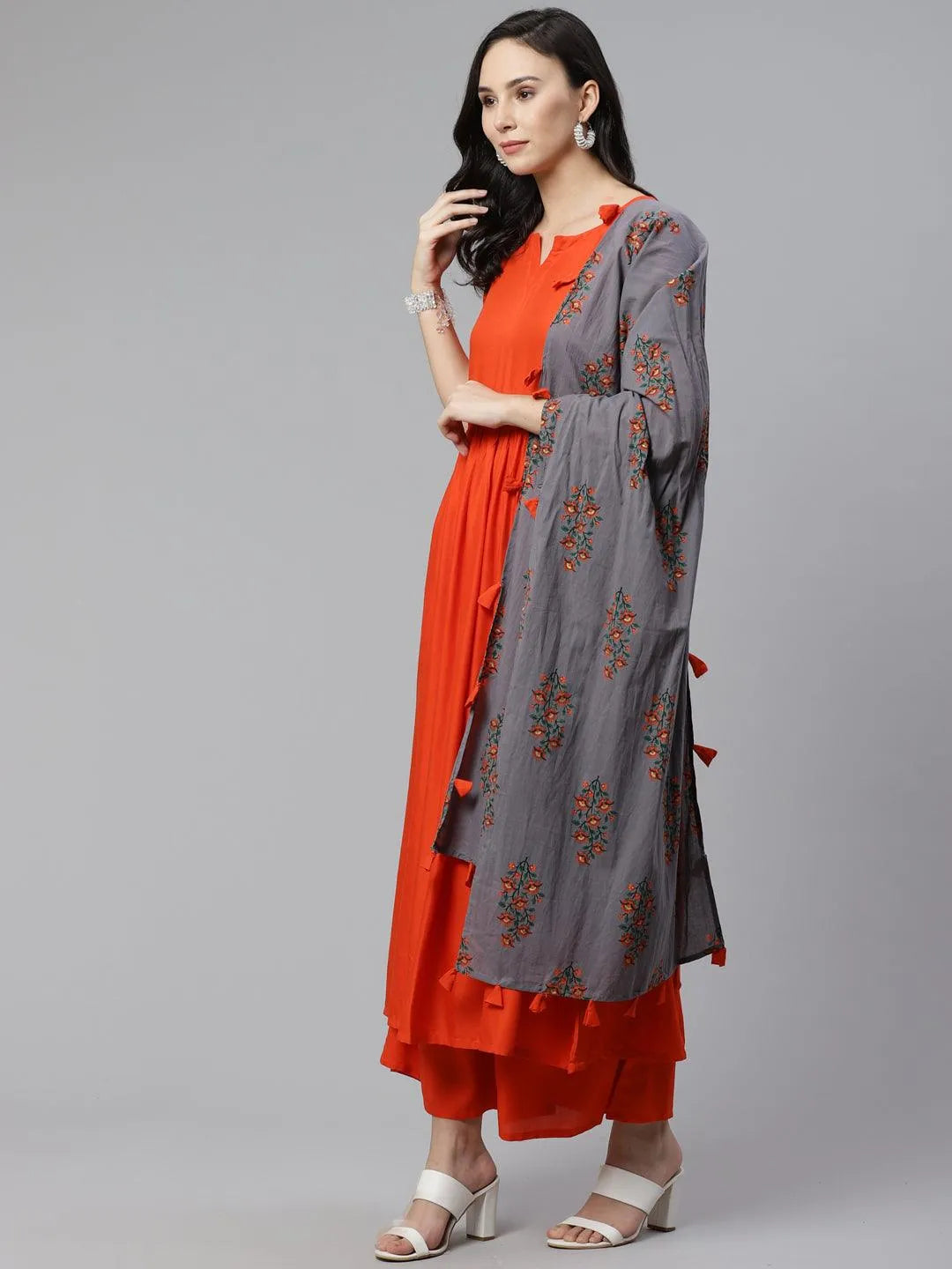 Orange Solid Rayon Suit Set - Libas