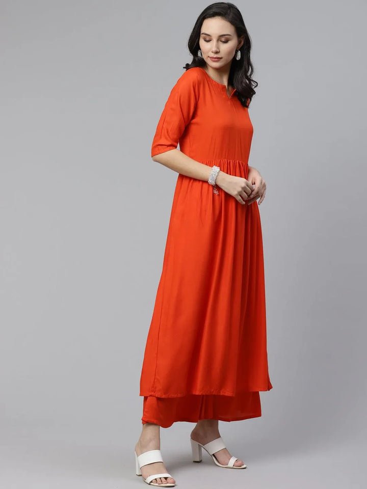 Orange Solid Rayon Suit Set - Libas