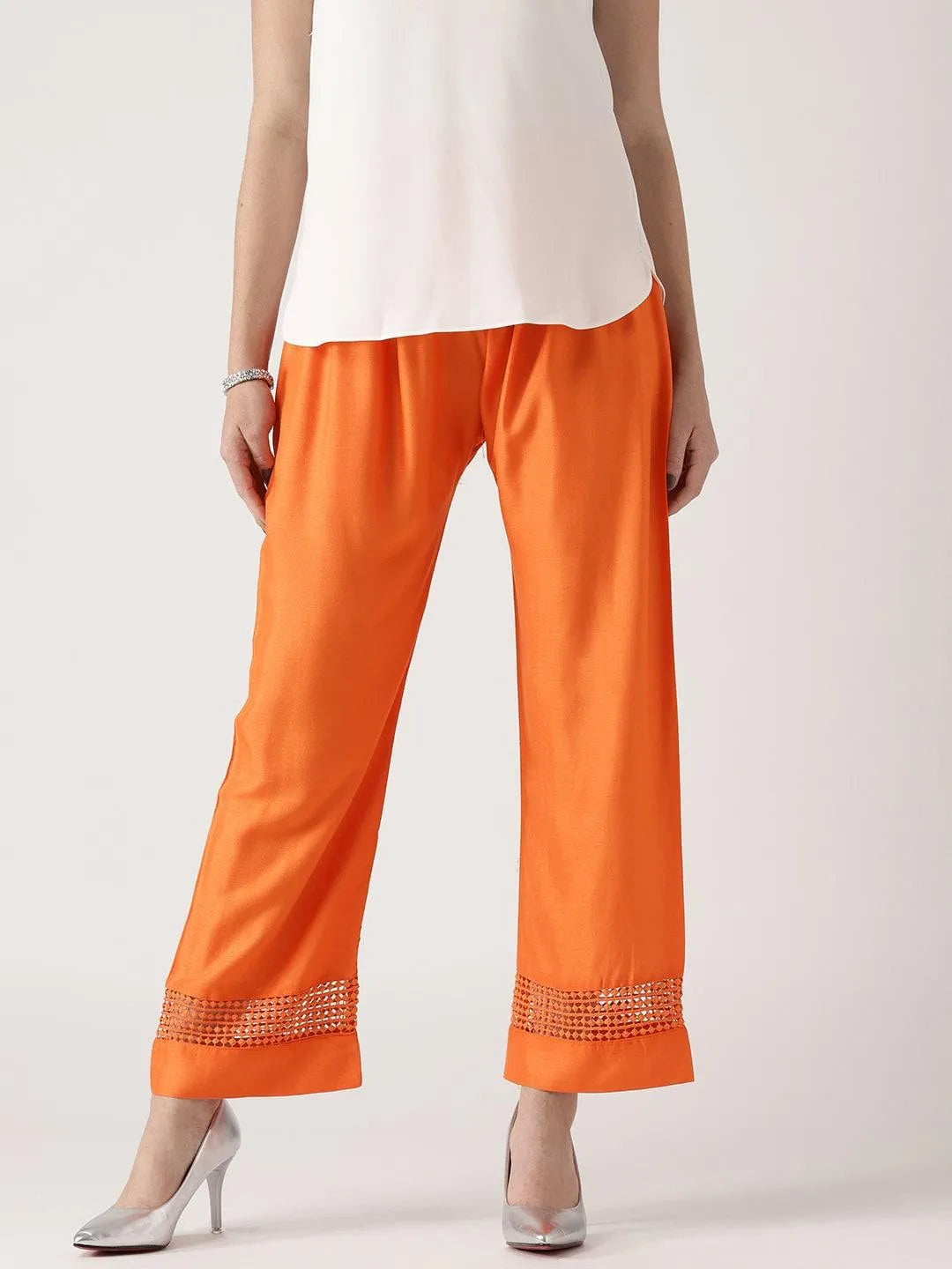 Orange Solid Rayon Palazzos - Libas