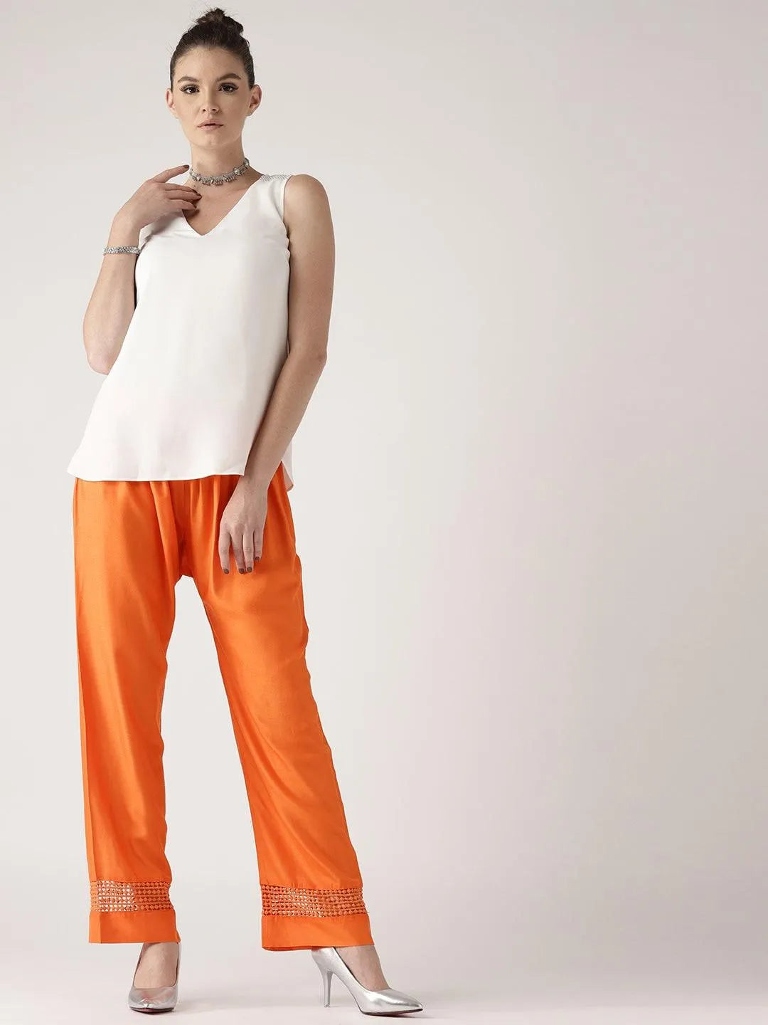 Orange Solid Rayon Palazzos - Libas 