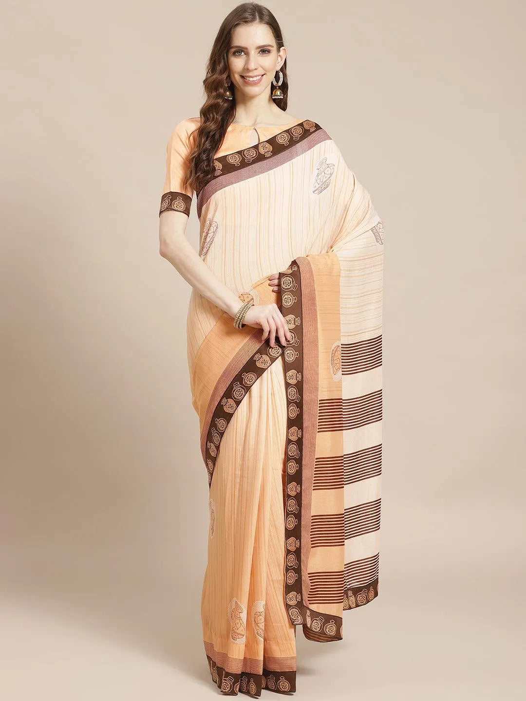 Orange Striped Chiffon Saree - Libas