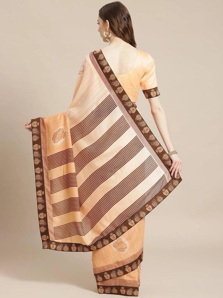 Orange Striped Chiffon Saree - Libas