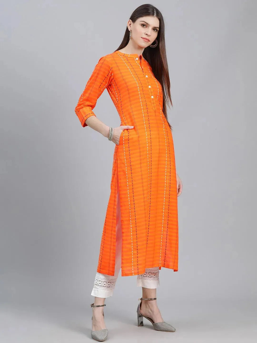 

Buy Orange Striped Cotton Kurta - 9028- | Libas Ethnic Wear Online