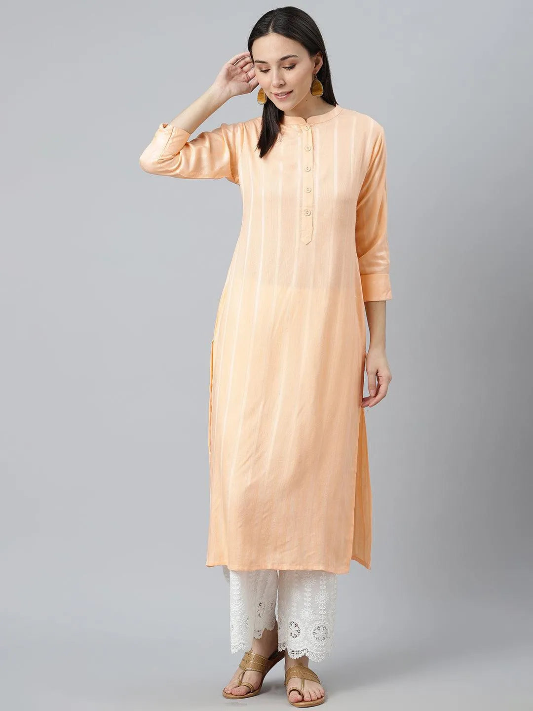 Orange Striped Rayon Kurta - Libas