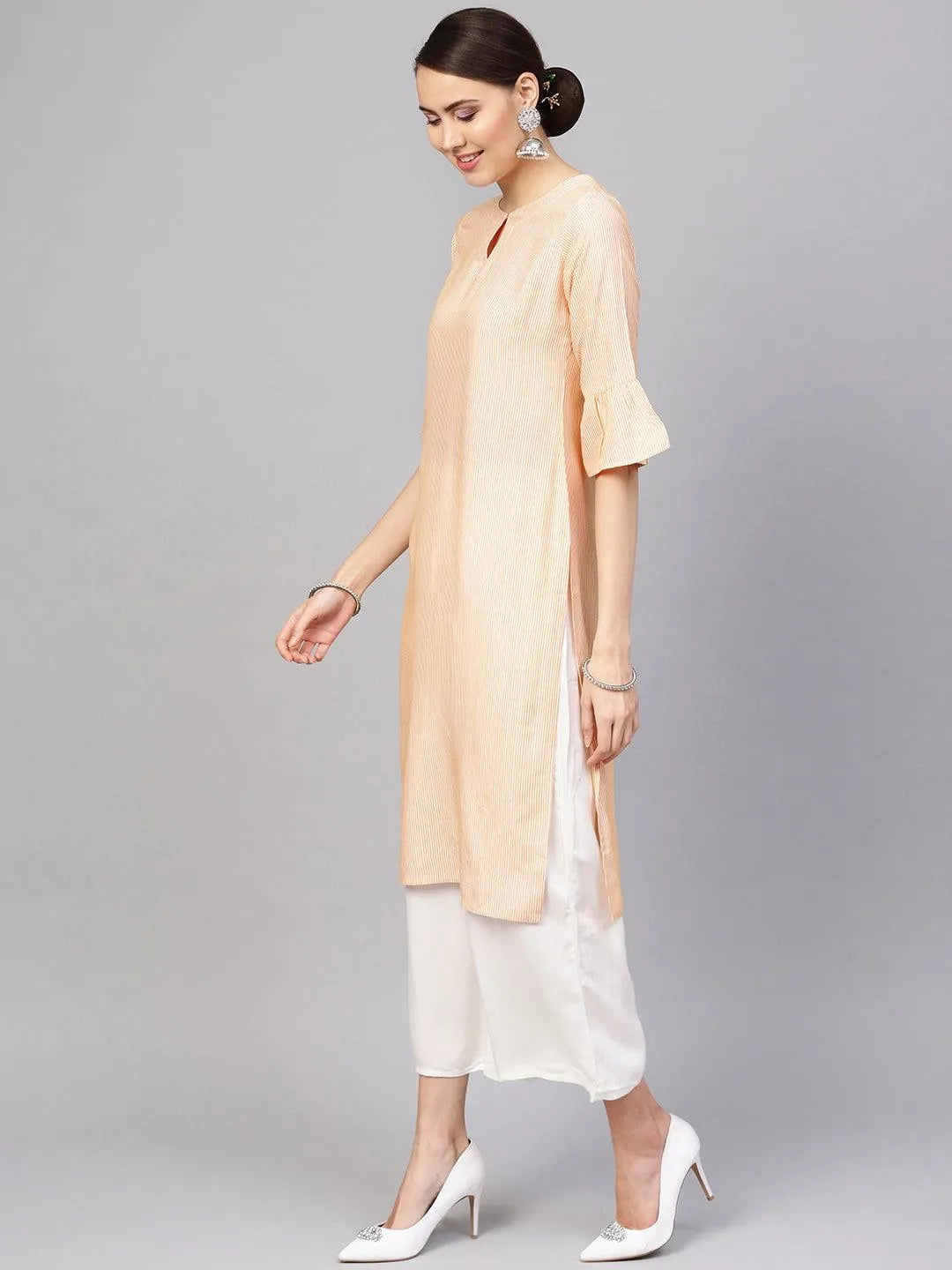 Orange Striped Rayon Straight Kurta With Palazzos - Libas 