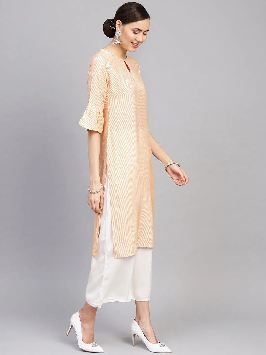 Orange Striped Rayon Straight Kurta With Palazzos - Libas 