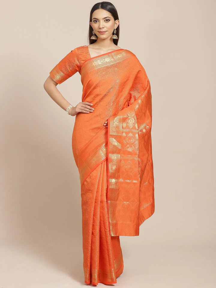 Orange Woven Design Brocade Saree - Libas