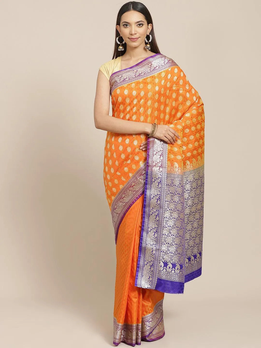 Orange Woven Design Brocade Saree - Libas