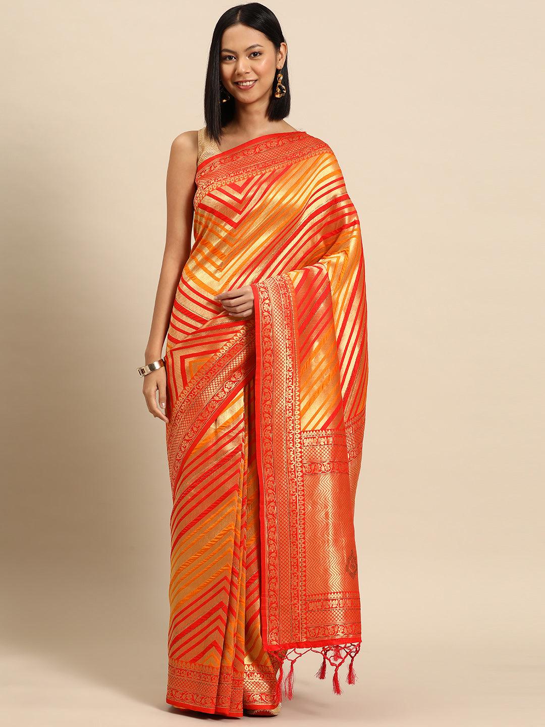 Orange Woven Design Brocade Saree - Libas