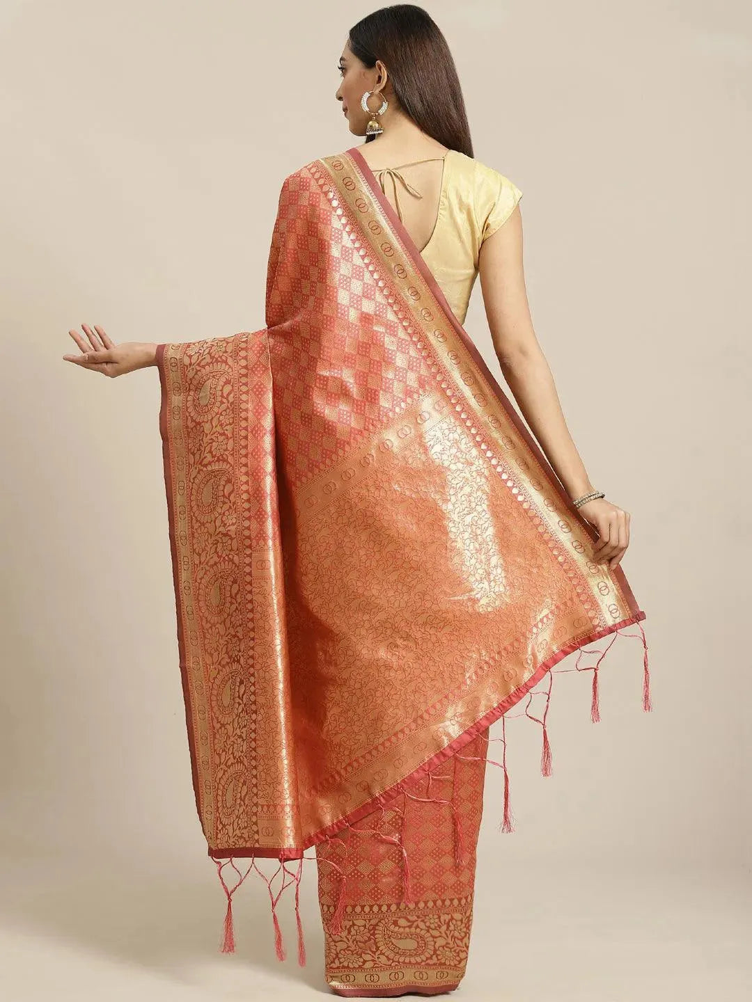 Orange Woven Design Brocade Saree - Libas