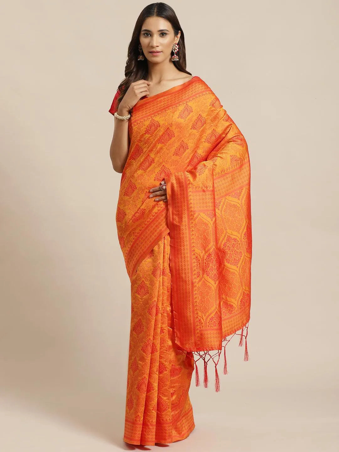 Orange Woven Design Silk Saree - Libas