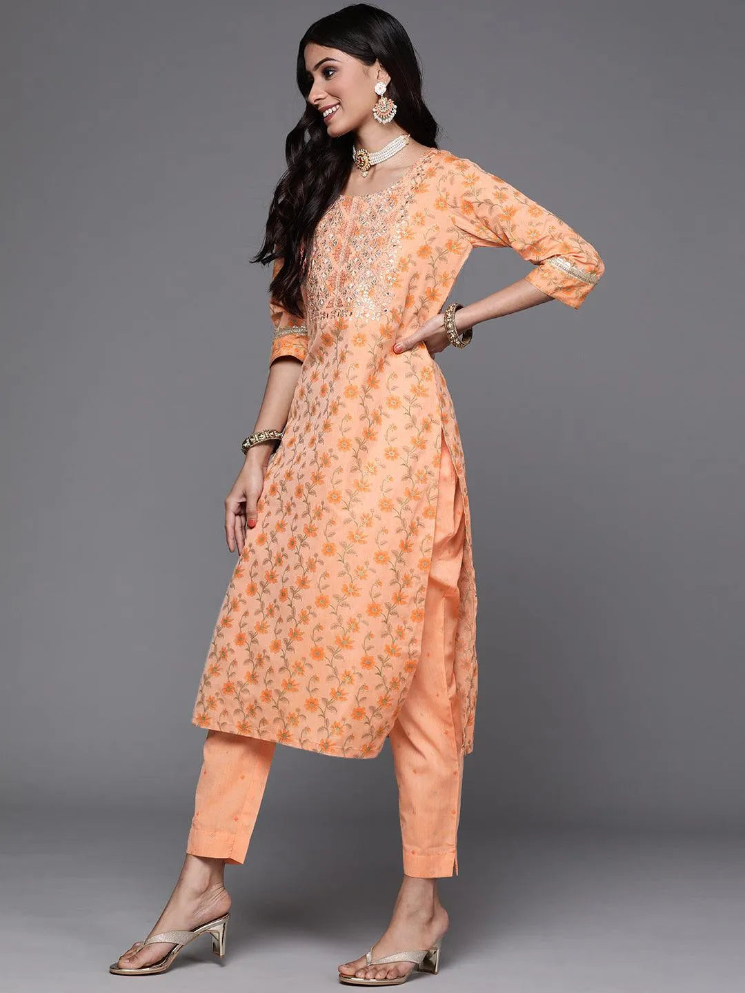 Orange Yoke Design Cotton Suit Set - Libas