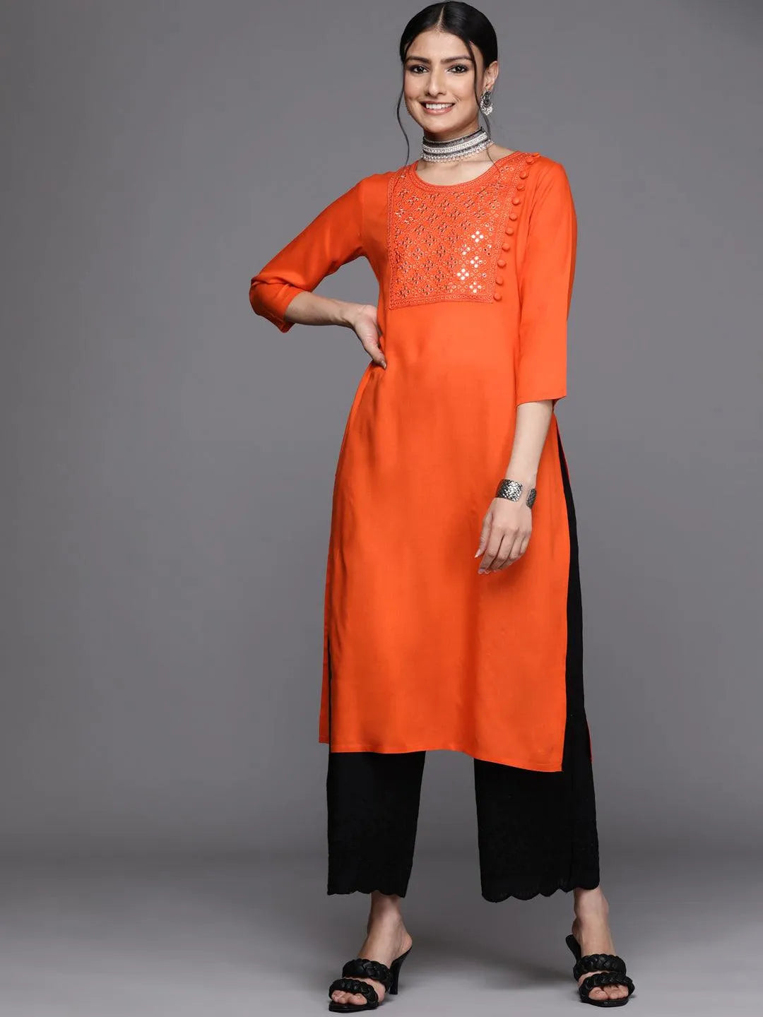 Orange Yoke Design Rayon Kurta - Libas 