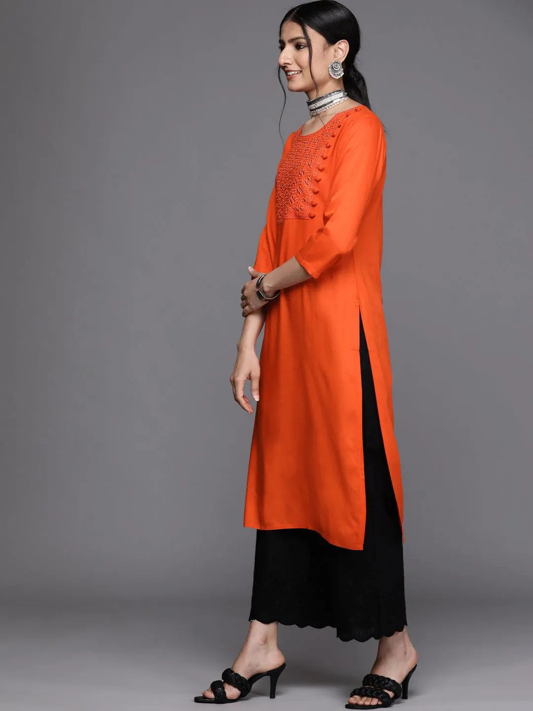 Orange Yoke Design Rayon Kurta - Libas 