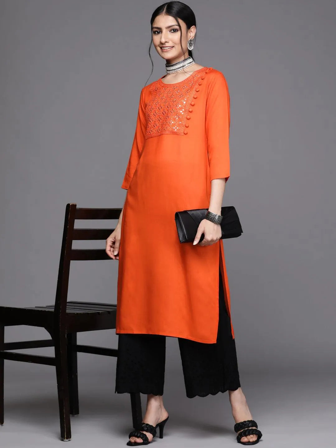 Orange Yoke Design Rayon Kurta - Libas