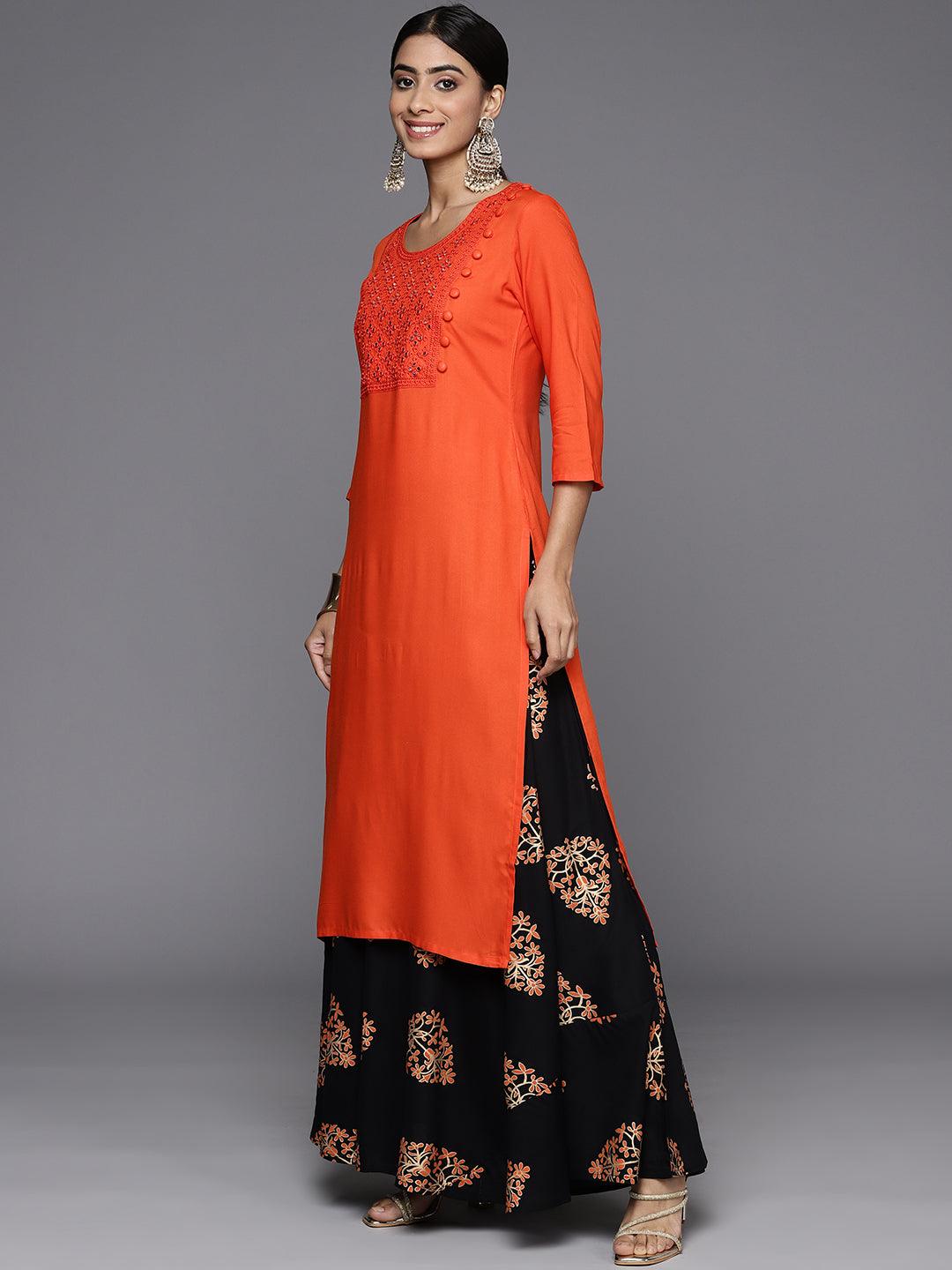 Orange Yoke Design Rayon Straight Kurta With Skirt & Dupatta - Libas