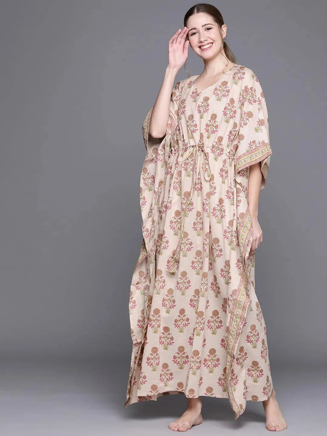 

Peach Cotton Printed Kaftan Nightdress