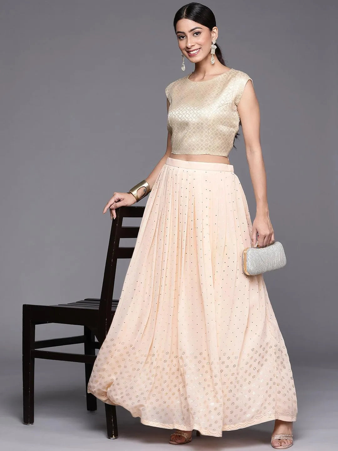 Peach Embellished Georgette Skirt - Libas 