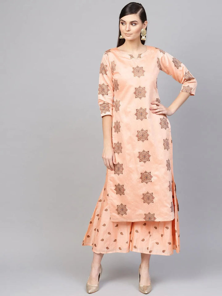 Peach Embroidered Chanderi Kurta Set - Libas