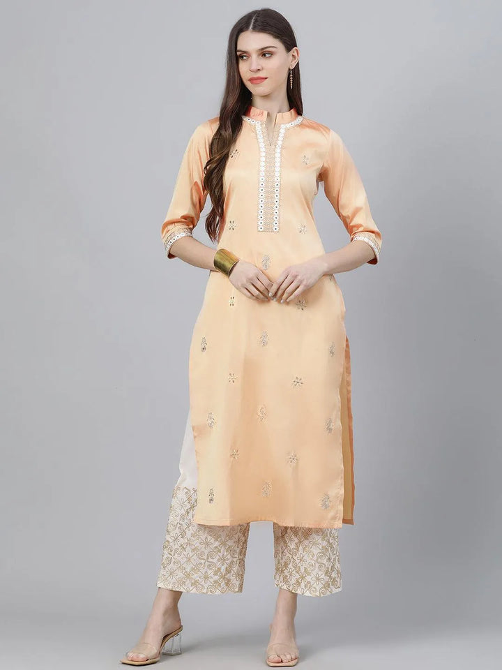 Peach Embroidered Chanderi Kurta Set - Libas