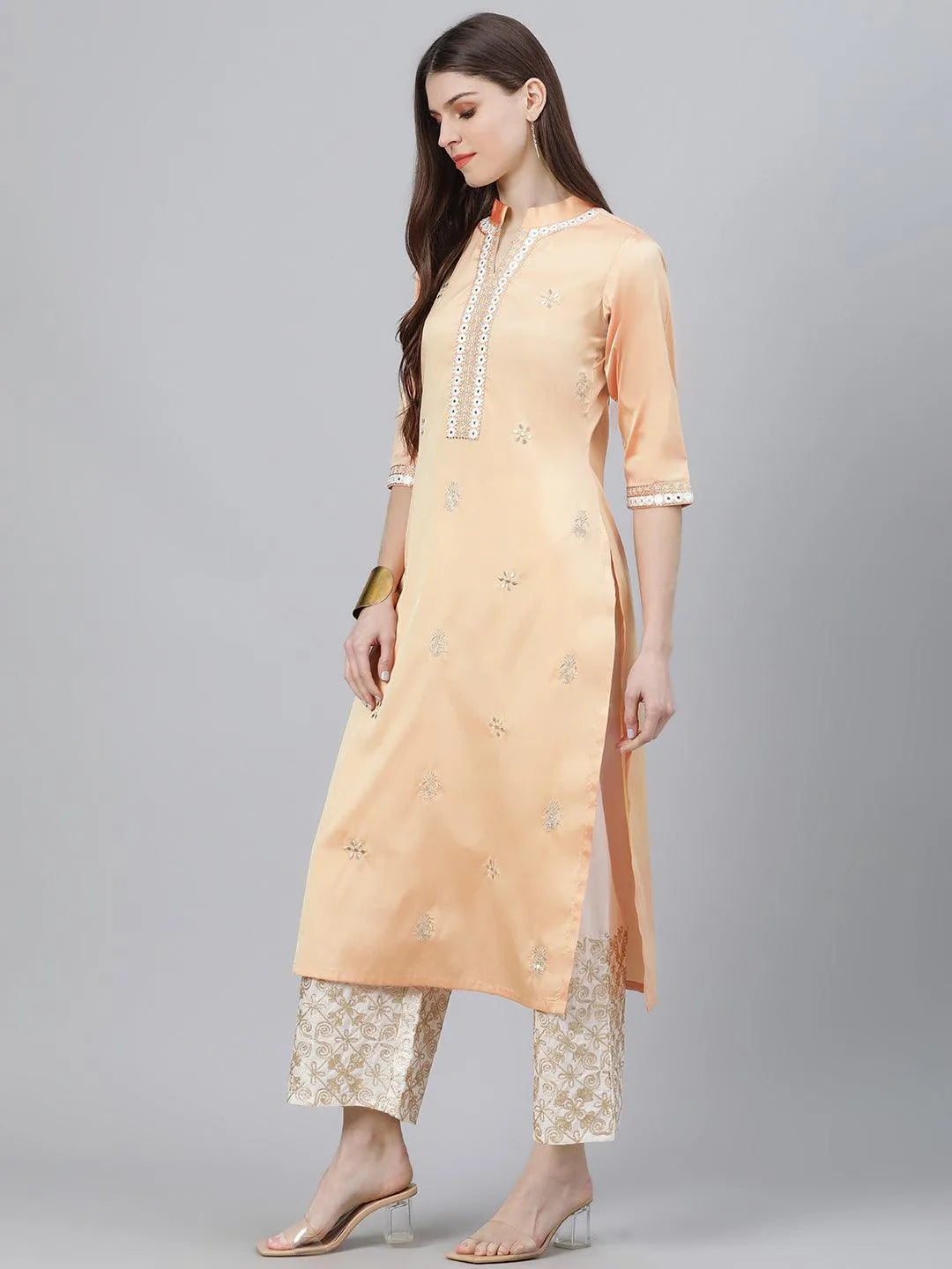 Peach Embroidered Chanderi Kurta Set - Libas 