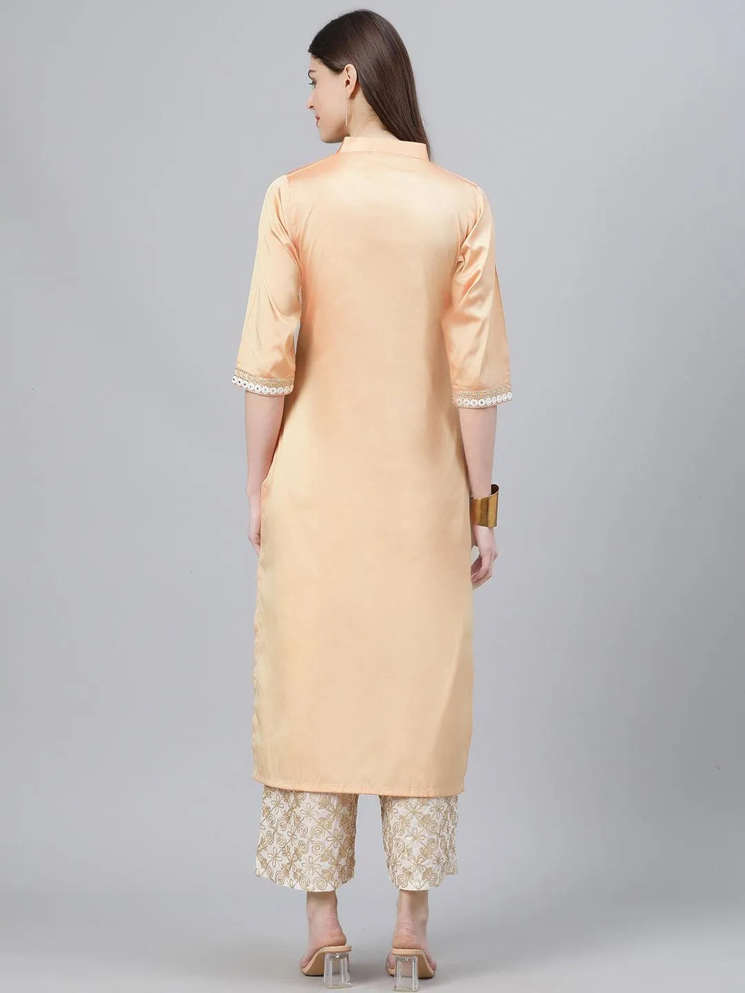 Peach Embroidered Chanderi Kurta Set - Libas 