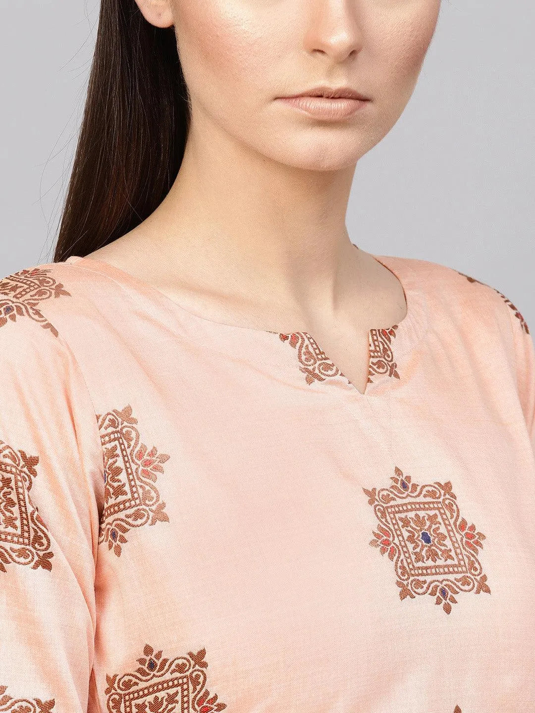 Peach Embroidered Chanderi Kurta Set - Libas