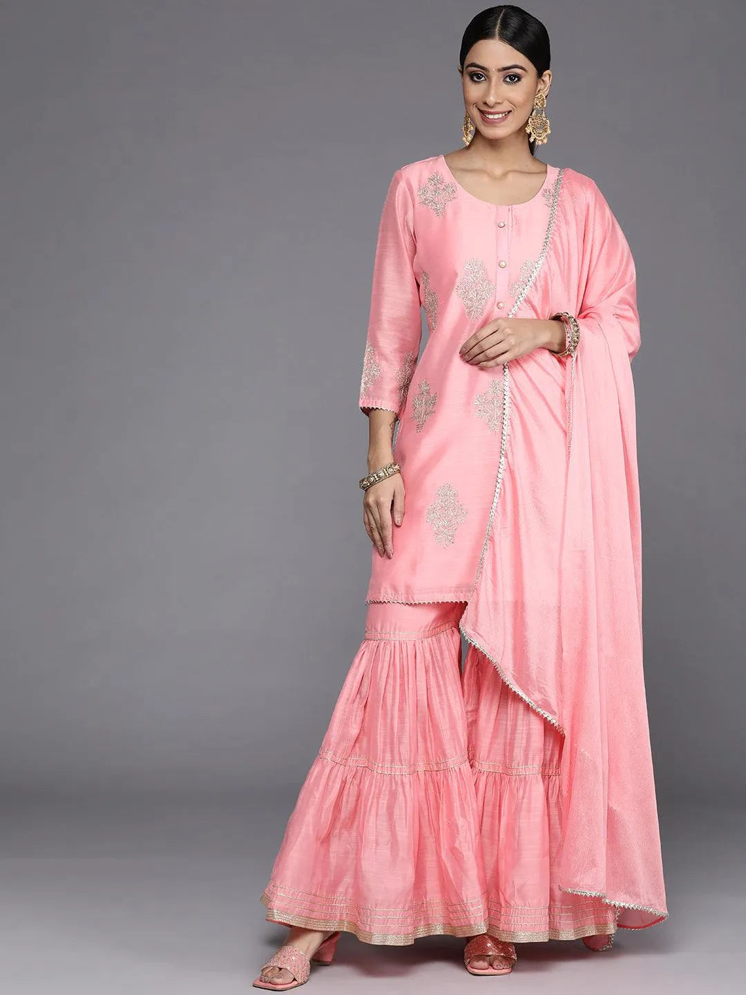 Peach Embroidered Chanderi Silk Straight Kurta With Sharara & Dupatta - Libas