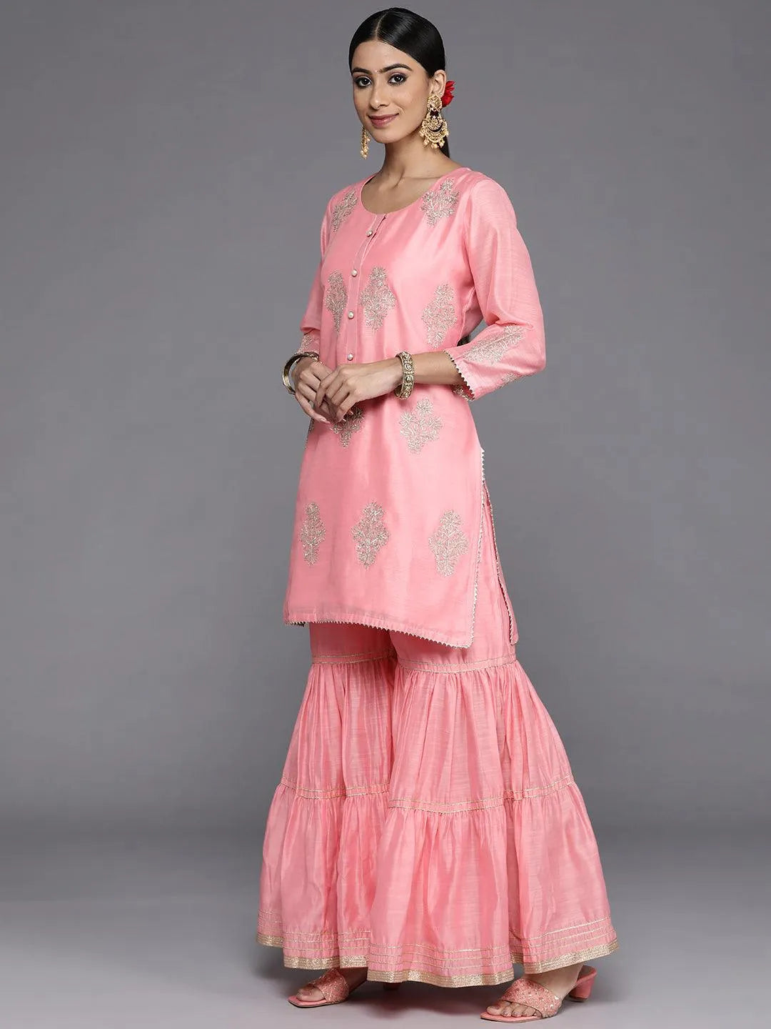 Peach Embroidered Chanderi Silk Straight Kurta With Sharara & Dupatta - Libas