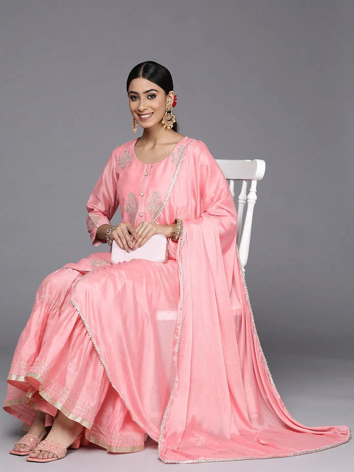 Peach Embroidered Chanderi Silk Straight Kurta With Sharara & Dupatta - Libas