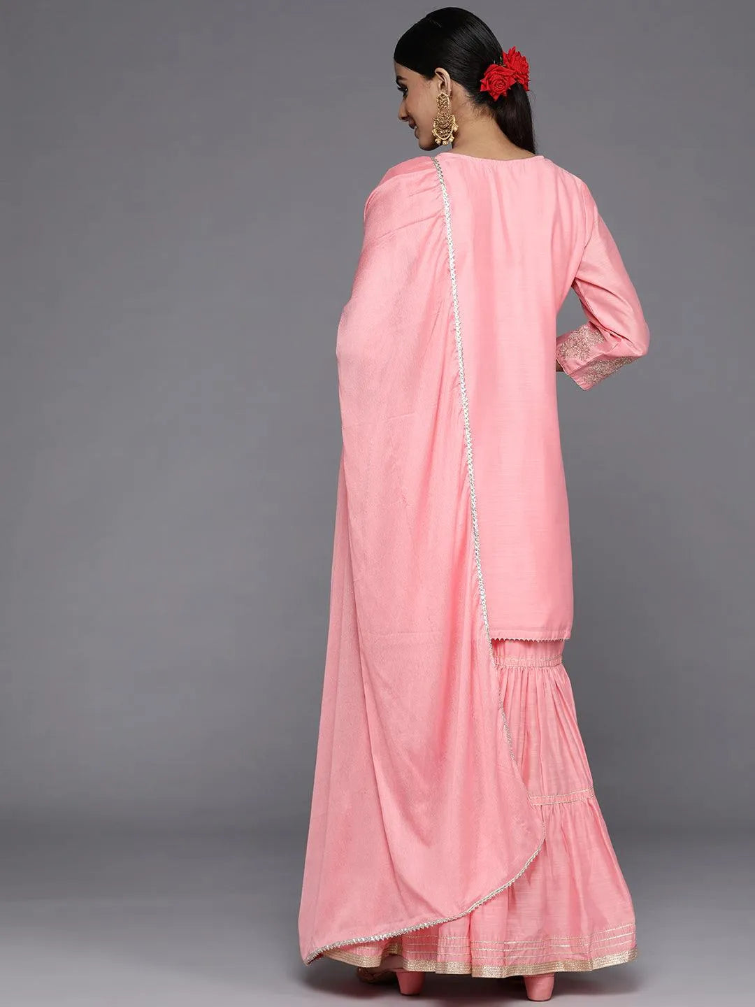 Peach Embroidered Chanderi Silk Straight Kurta With Sharara & Dupatta - Libas