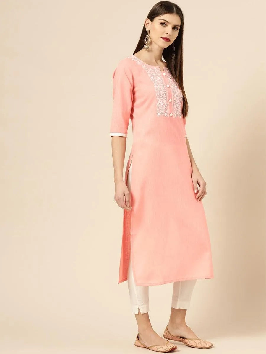 Peach Embroidered Cotton Kurta - Libas