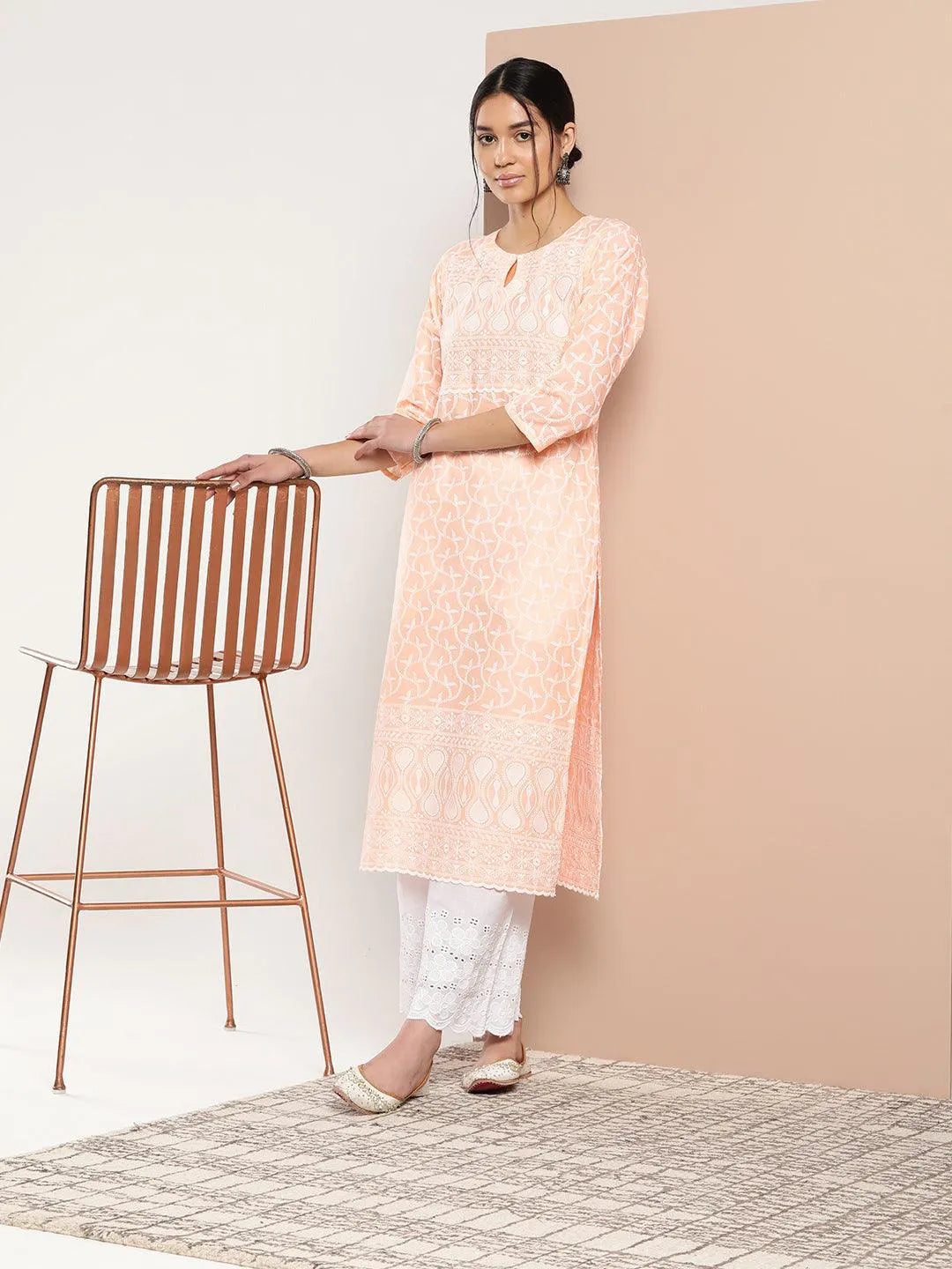 Peach Embroidered Cotton Straight Kurta - Libas 