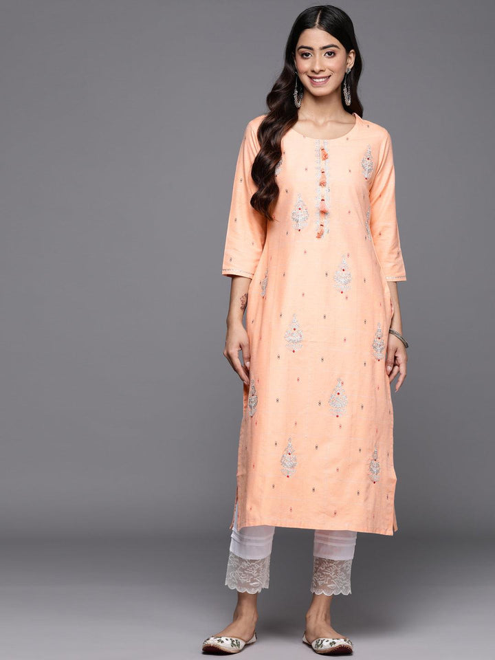 Peach Embellished Cotton Straight Kurta - Libas